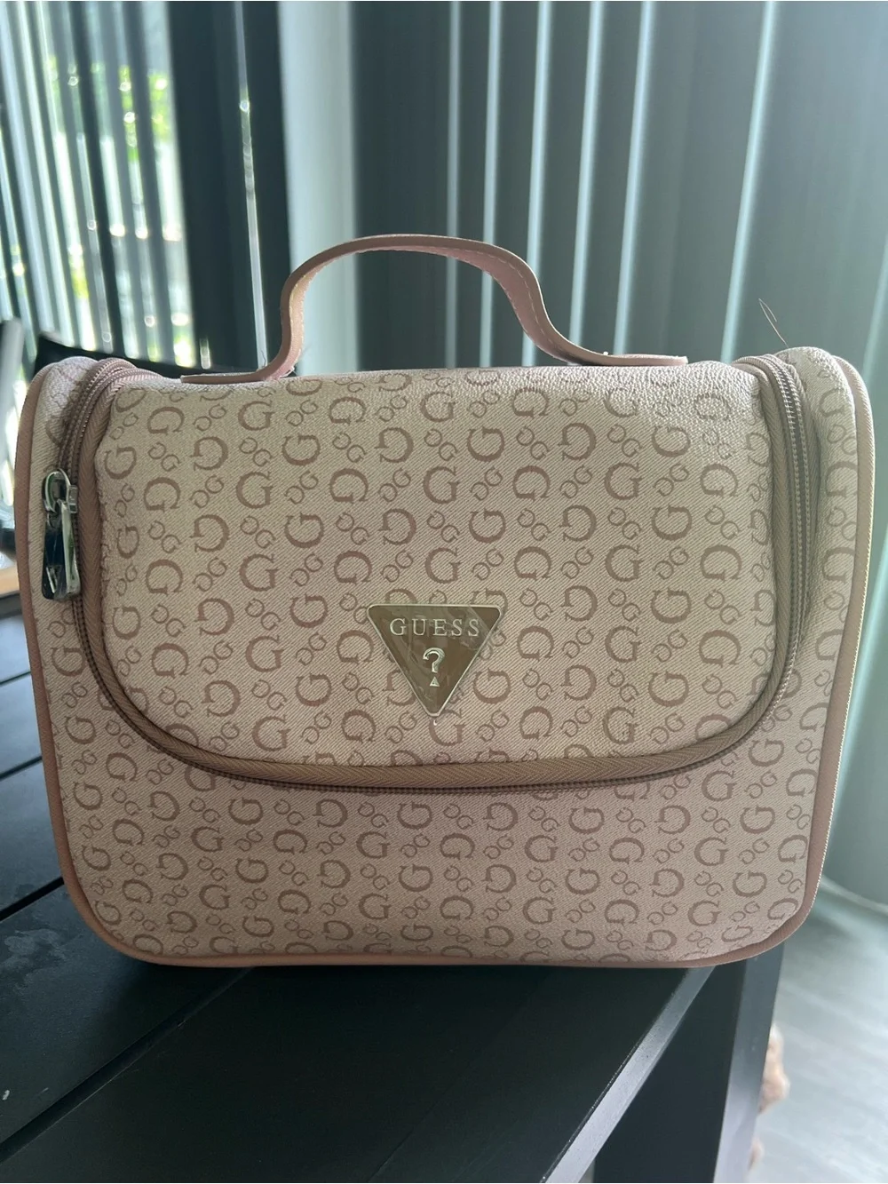 Guess Beige and Pink Logo Travel Cosmetic Case